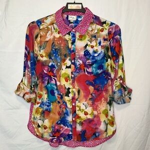 Beige by eci Women’s Size XL Floral and Polka Dot Long Sleeve Blouse - Colorful